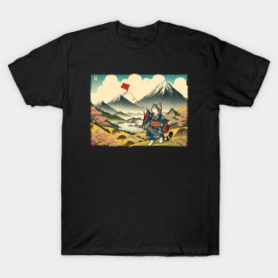 Vintage Japanese Art Kite Flying Mountain Mt. Fuji Cute Cat T-Shirt